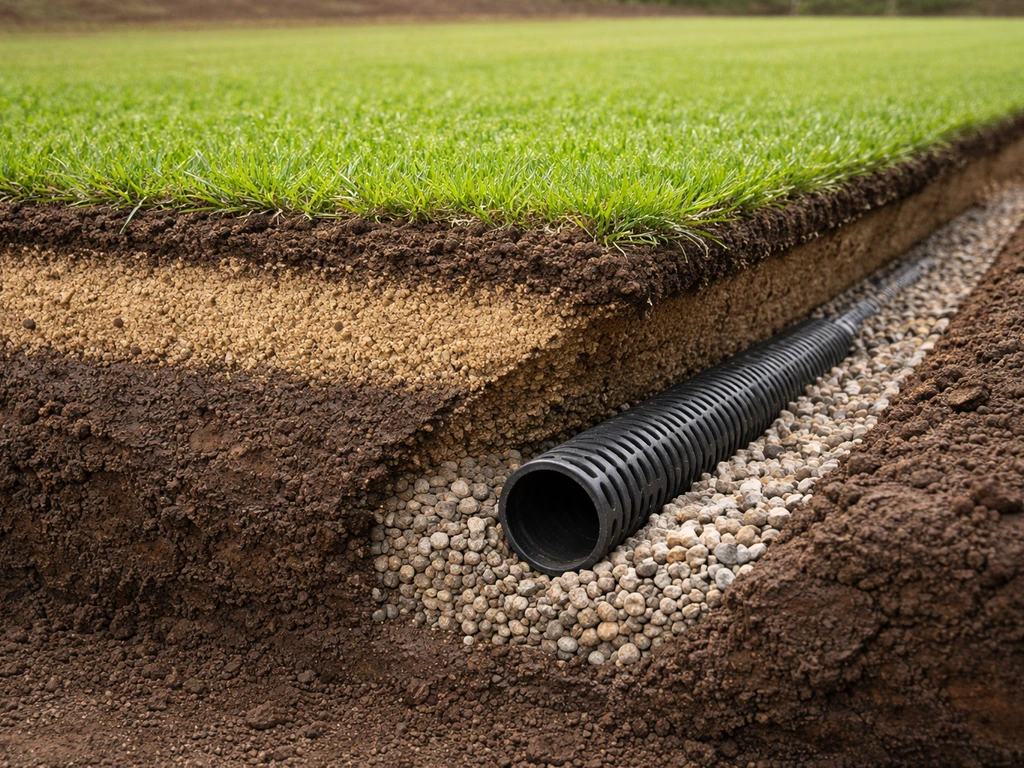 Eenvoudige realistische dwarsdoorsnede van gras, zand, drainagebuizen en afschot richting afwatering