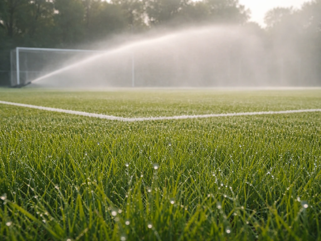 Voetbalveld in de ochtend met beregeningsnevel en natte grasbladeren in een rustige, minimalistische opname.