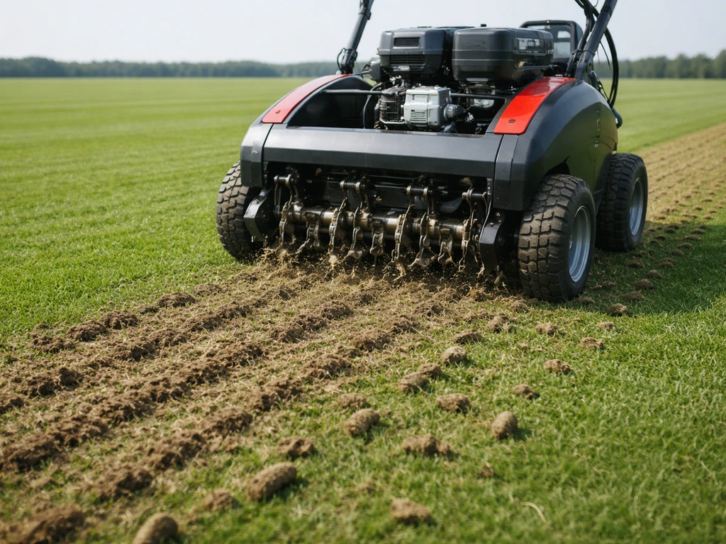 Verticuteermachine/beluchtingsmachine die door het gras gaat, met zichtbare kervingen en losgekomen pluggen.