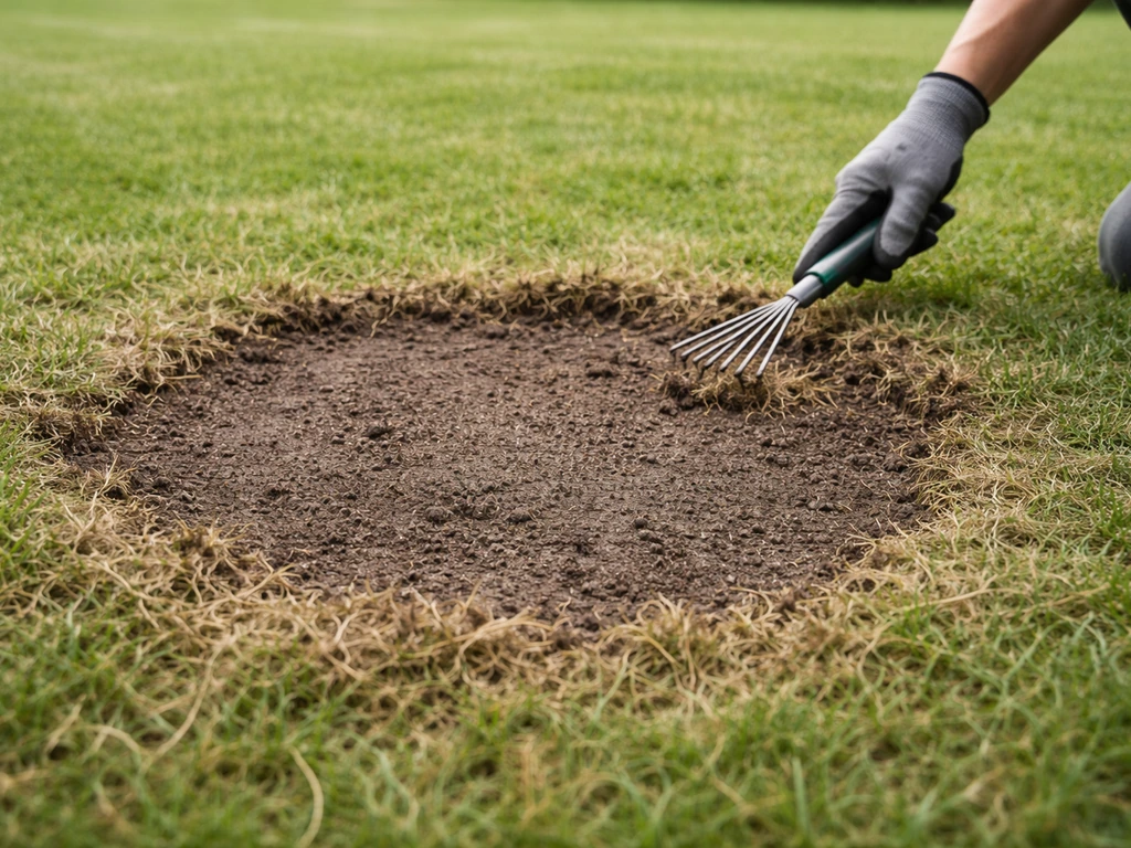 Tuinman die schraapt met een kleine hark rond kale grasplekken en de grond klaarmaakt voor inzaaien