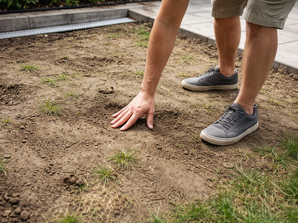 Handen en onderbenen die voorzichtig een ongelijk stuk grond testen op draagkracht en vlakheid.