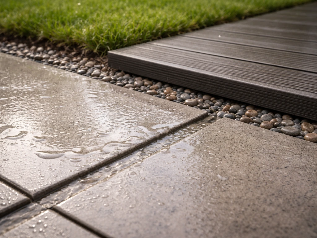 Close-up van tuintegels met afschot; regenwater loopt weg langs de voegen richting afwatering, geen plassen.
