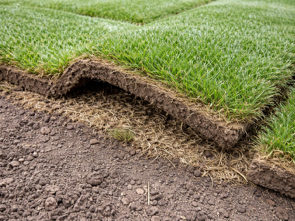 Graszoden die op bestaand gras liggen met een zichtbare tussenlaag, waardoor geen direct contact met de bodem ontstaat