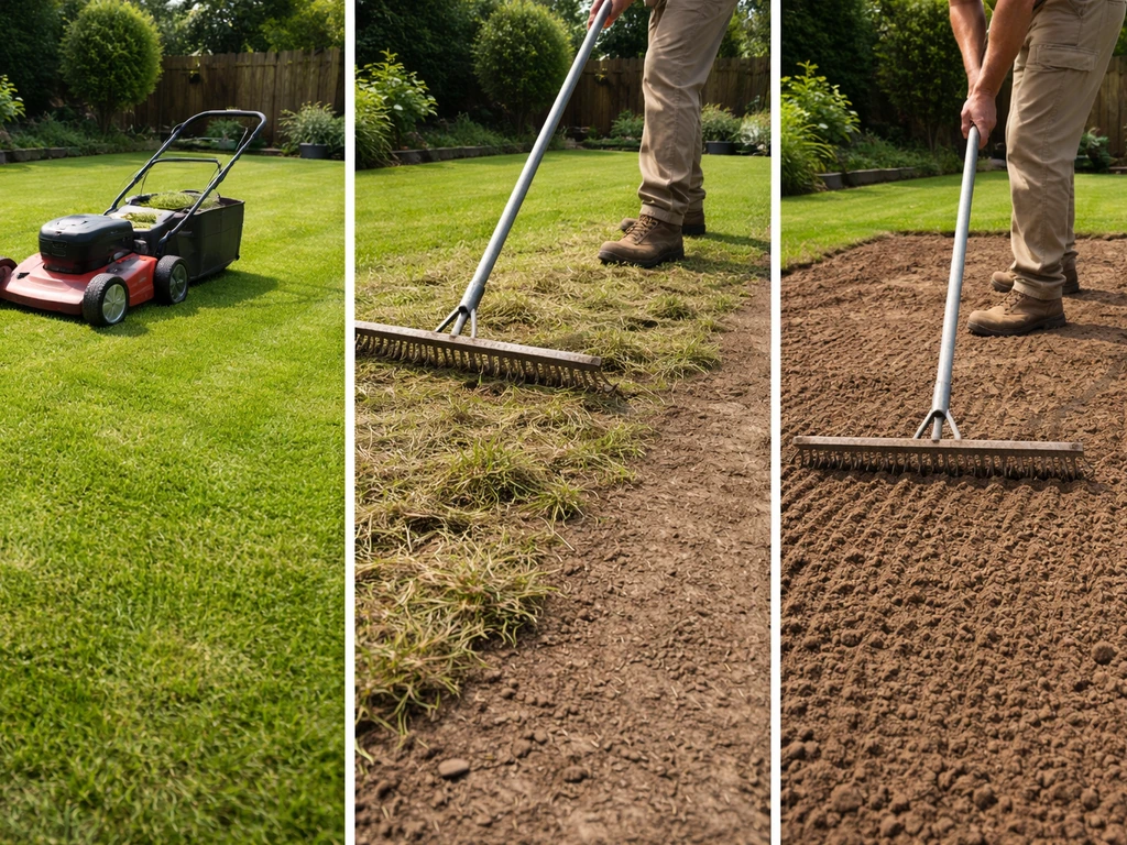 Collage van stappen: kort maaien, hark/verticuteren en grond losmaken en egaliseren voor nieuwe graszoden.