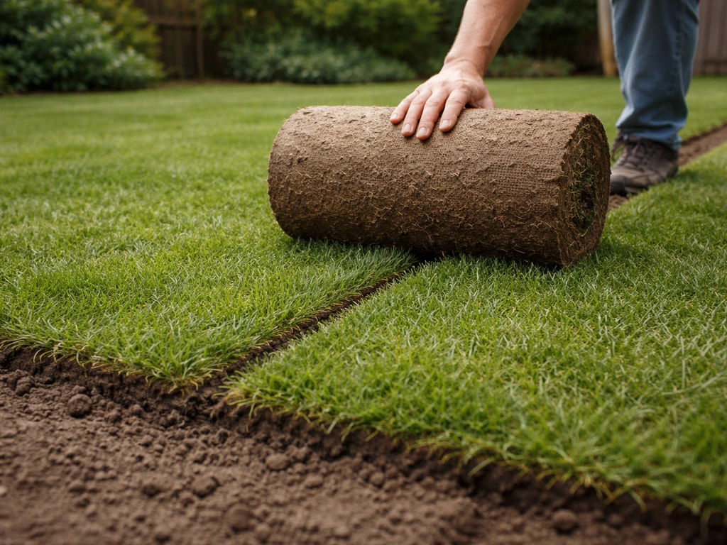 Iemand rolt net gelegde graszoden aan met een gazonrol voor strak bodemcontact en rechte naden.