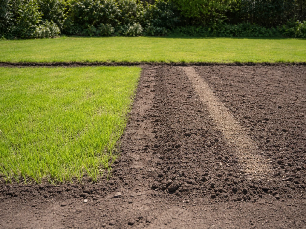 Twee stroken in de tuin: één al ingezaaid herstelgras, één net ingezaaid/ingeploegd met zichtbare zaadstrook.