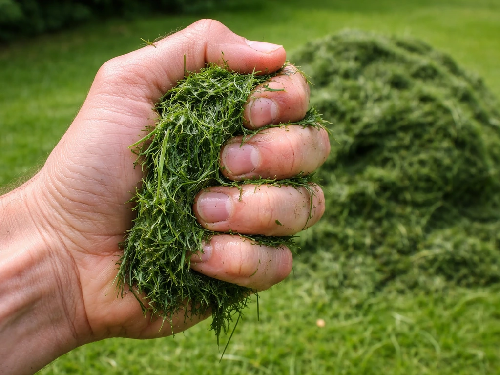 Hand die een handvol vers grasmaaisel uit de hoop knijpt, om vocht en compactheid te beoordelen.