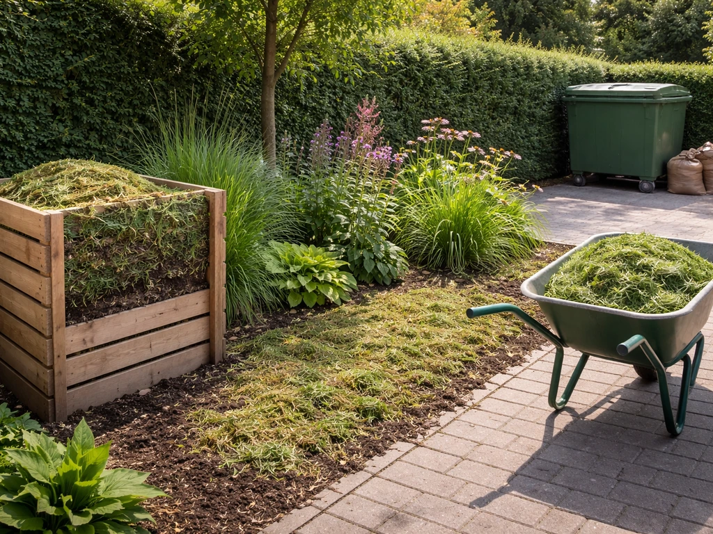 Drie aparte tuinhoekjes met maaisel: composthoop, mulch bij planten en afvoer naar een milieustraat-achtig scenario