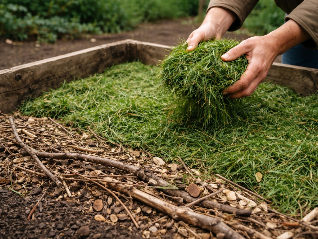 Composthoop in opbouw met takken en houtsnippers, daarna lagen gemaaid gras.
