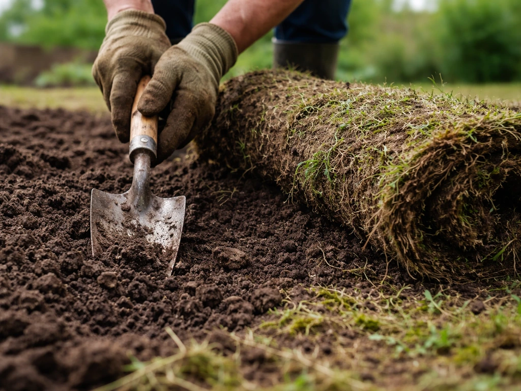 Handschep in de grond terwijl oude grasmat en onkruid worden verwijderd voor een nieuwe ondergrond.