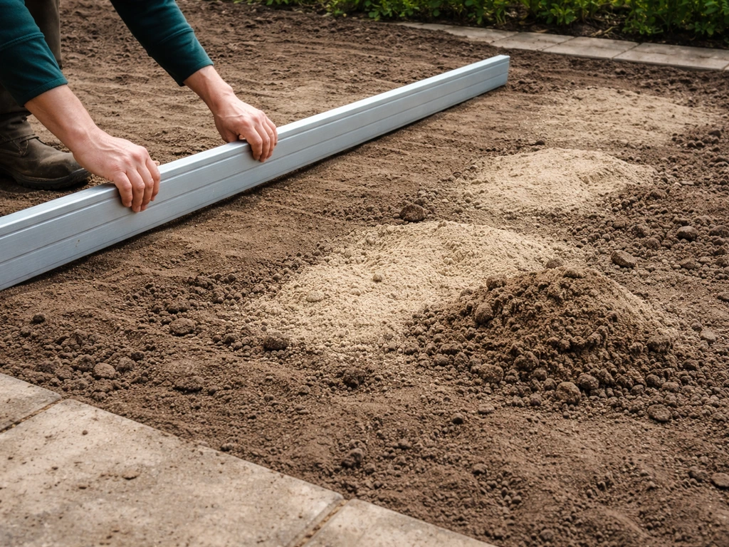 Tuinier controleert het egaliseren van de grond met een rechte lat, met zand dat laagtes aanvult voor drainage.
