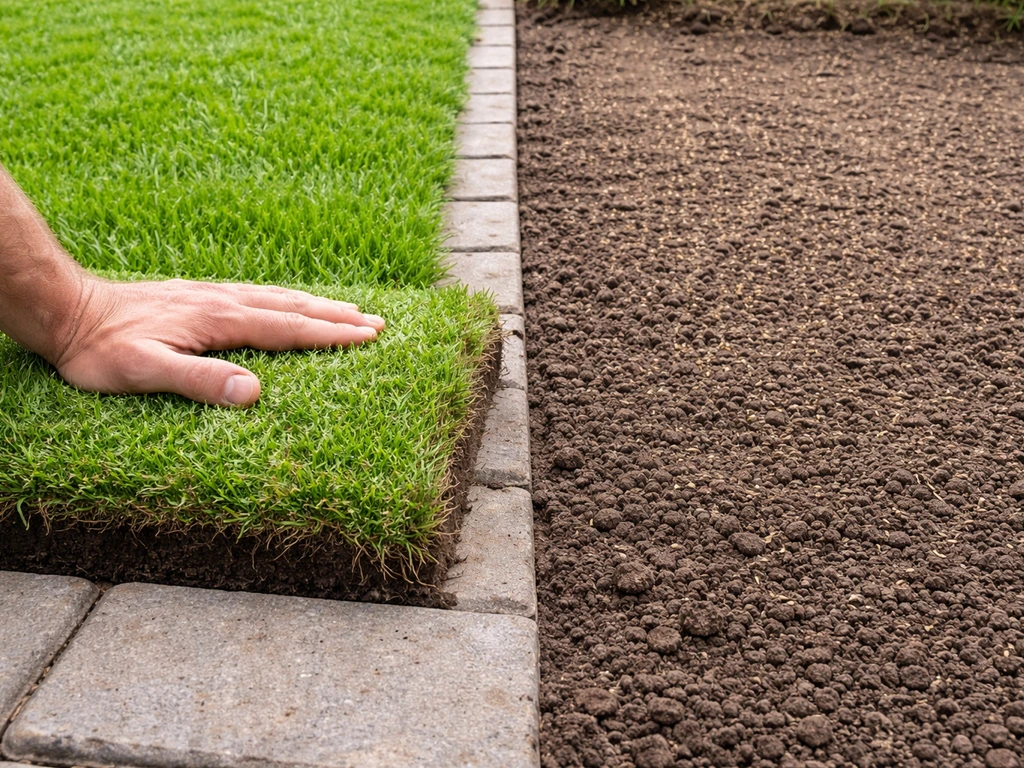 Twee naast elkaar liggende stukken tuin: ingezaaid zaadbed en net gelegde graszoden, close-up ooghoogte.