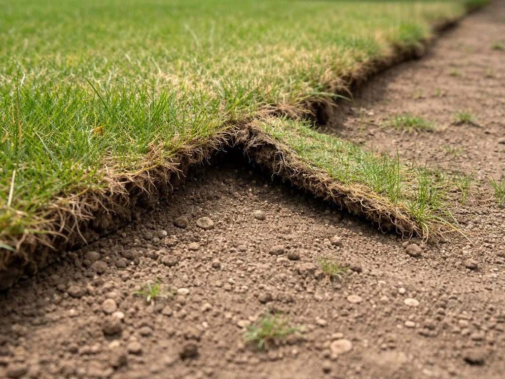 Loslatende graszoden naast kale plekken in een tuin, duidelijk slechte aansluiting op de ondergrond.