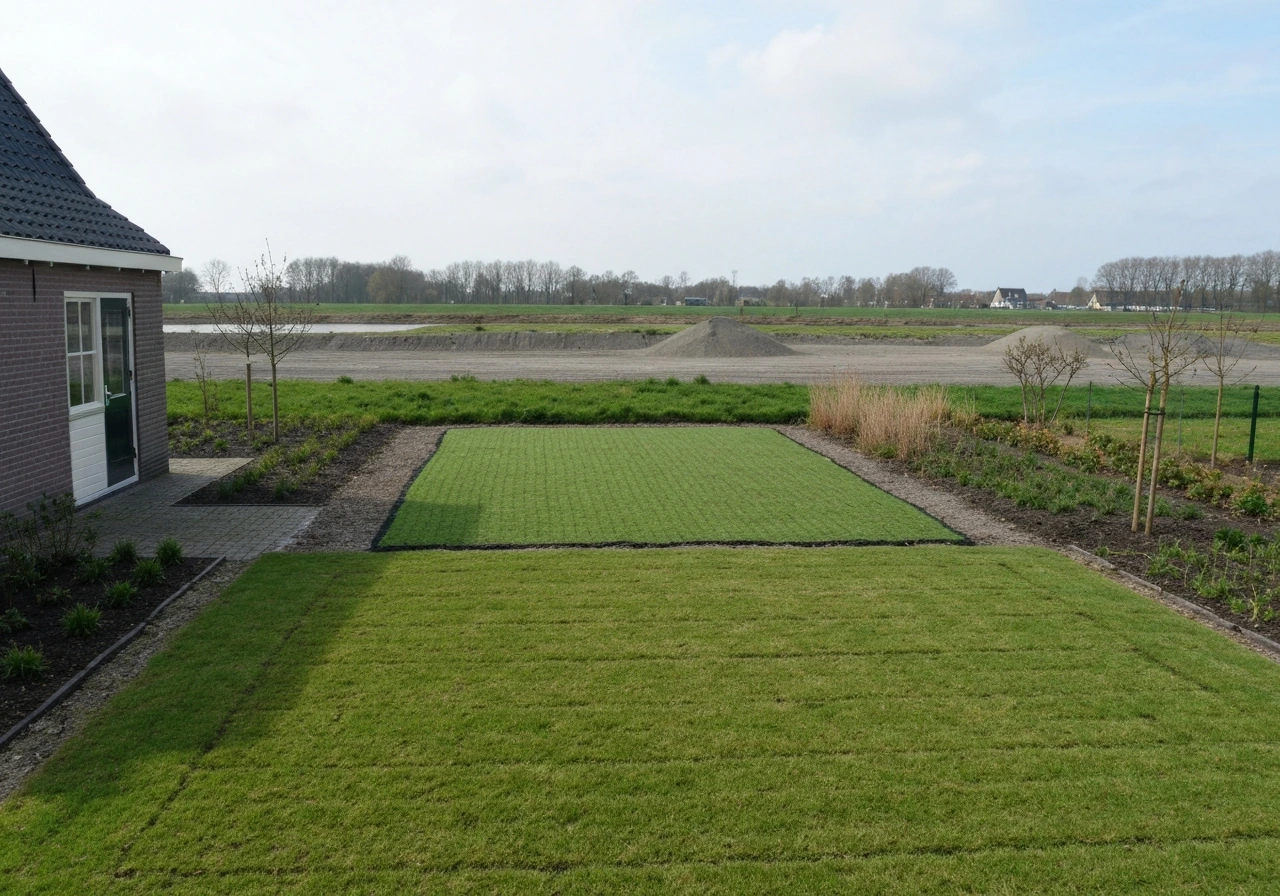 Lucht-/hoekfoto van een Nederlandse tuin waar een grasmat net is gelegd op geëgaliseerde teelaarde met zichtbare bodemte
