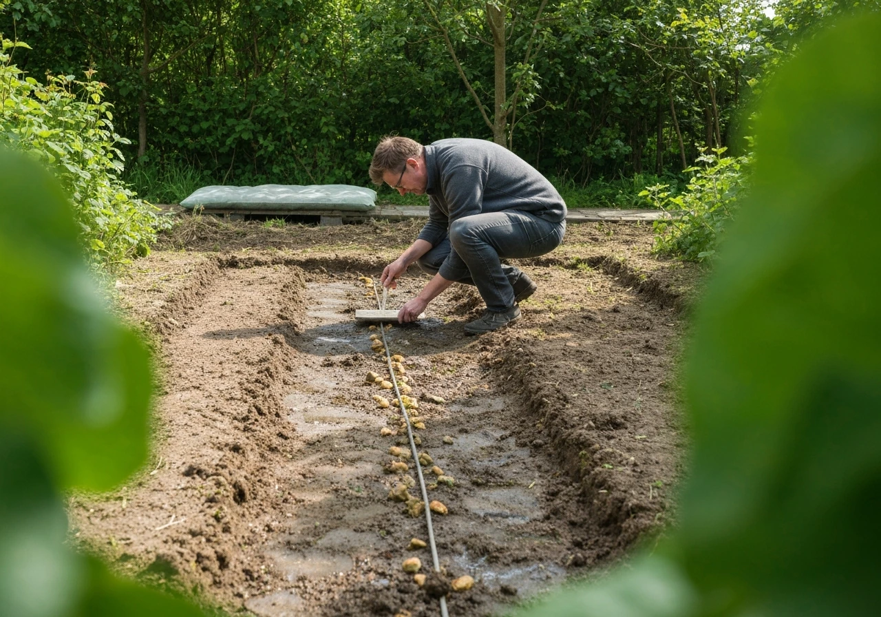 Iemand meet een tuinprofiel met waterpaslat en meetstokjes langs de grond