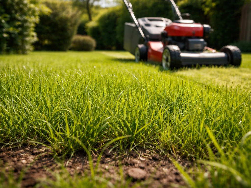 Maaibeurt op een pas ingezaaid gazon: gras van 6–8 cm en een grasmaaier die net passeert.