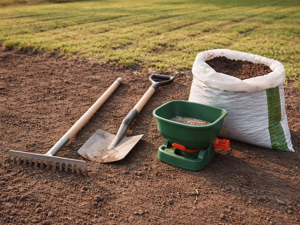 Hark, grondspade, compost en strooier op aarde met net ingezaaid gras op de achtergrond.