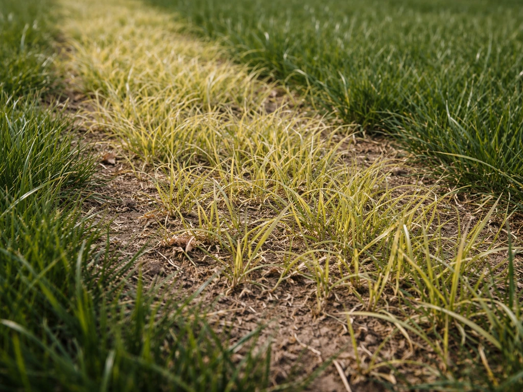 Close-up van geel en lichtgroen pas ingezaaid gras naast donkergroen, gefotografeerd op grasniveau.