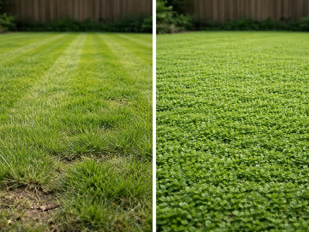 Links gazon met maaistroken, rechts een egaal tapijt van bodembedekkers als visuele vergelijking.
