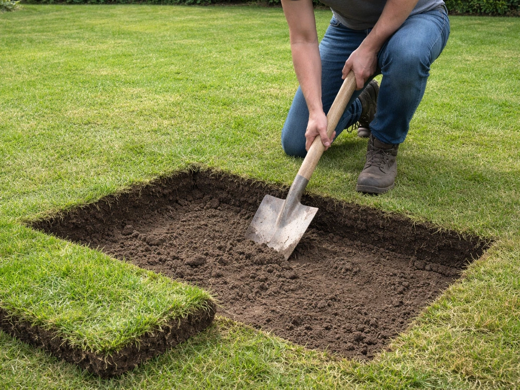 Afgegraven grasmat met spade, losse grond zichtbaar als voorbereiding voor bodembedekkers