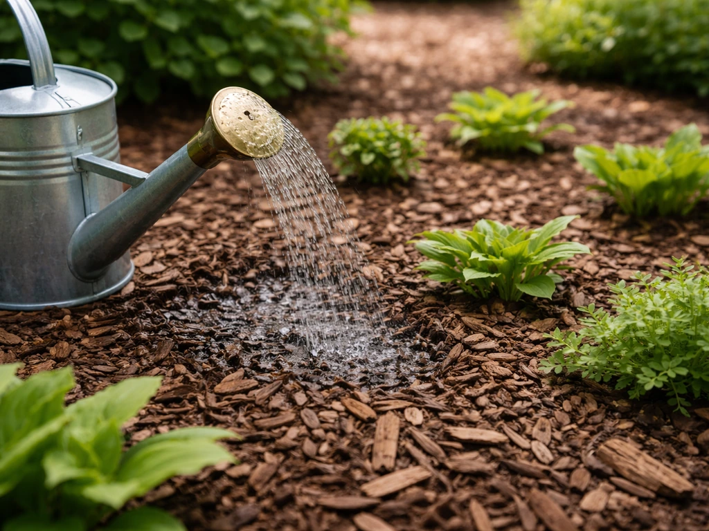 Mulchlaag van boomschors tussen jonge bodembedekkers met een gieter voor gerichte watergift in de eerste weken.