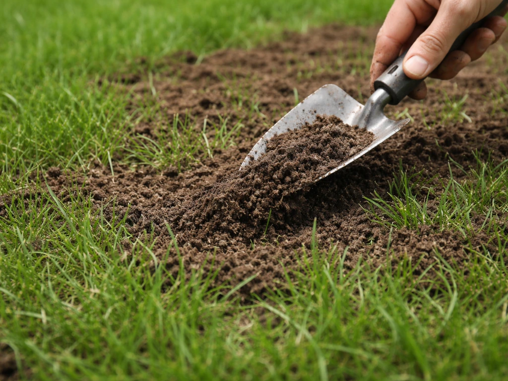 Detail van een gazon met een dunne laag tuinaarde die met een kleine schep over het gras is verdeeld.