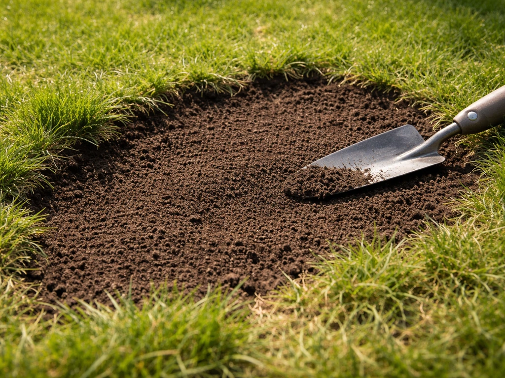 Close-up van een gazonputje dat is opgevuld en geëgaliseerd met tuinaarde en een handtroffel.