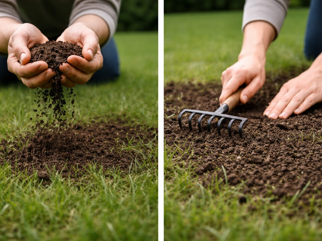 Handen die tuinaarde in kleine porties over het gazon uitstrooien en daarna voorzichtig uitvlakken.