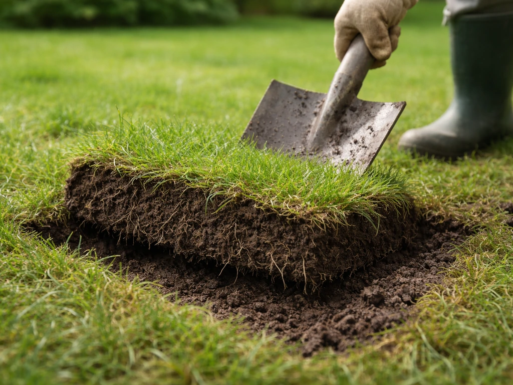 Iemand steekt met een spade een stuk grond uit om worteldiepte en vervilting te beoordelen.