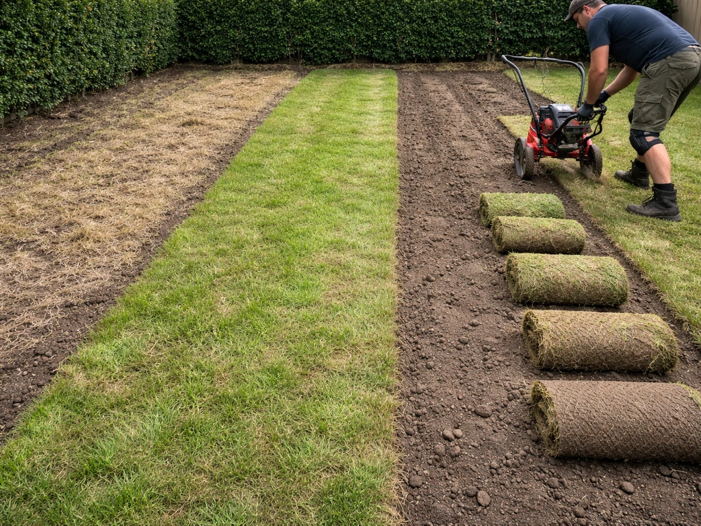 Gedeeld gazon met zichtbare verschillen tussen zoden verwijderen, schrapen en gecontroleerd wegteren.