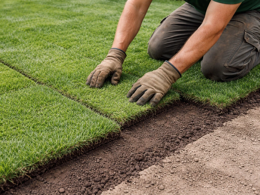 Werkman legt graszoden in verband op een voorbereide ondergrond, naden en randen strak aansluitend.