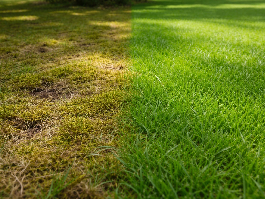 Close-up van gazon in schaduw: mos/vilt en kale plekken naast een net gemaaid, gezond stuk gras.