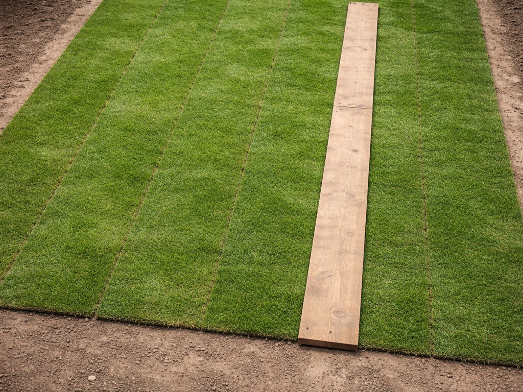 Bovenaanzicht van net gelegde graszoden met zichtbare naden en een lege loopstrook/plank om niet te betreden.
