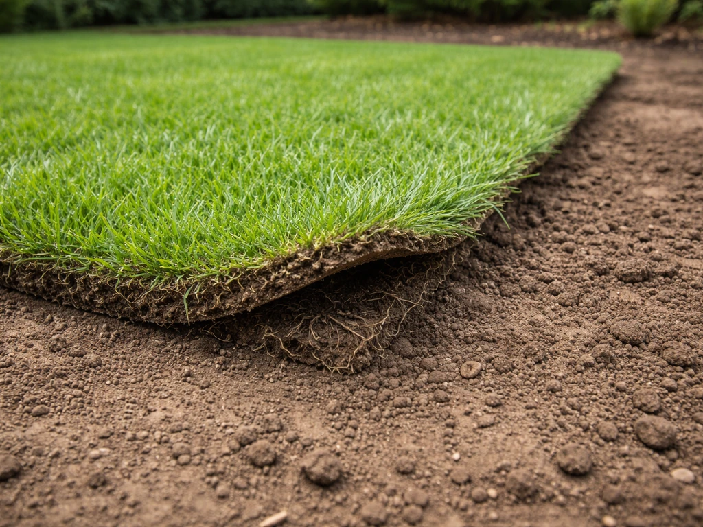 Close-up van een net gelegde graszodehoek die licht optilt, met zichtbare grondlaag eronder.