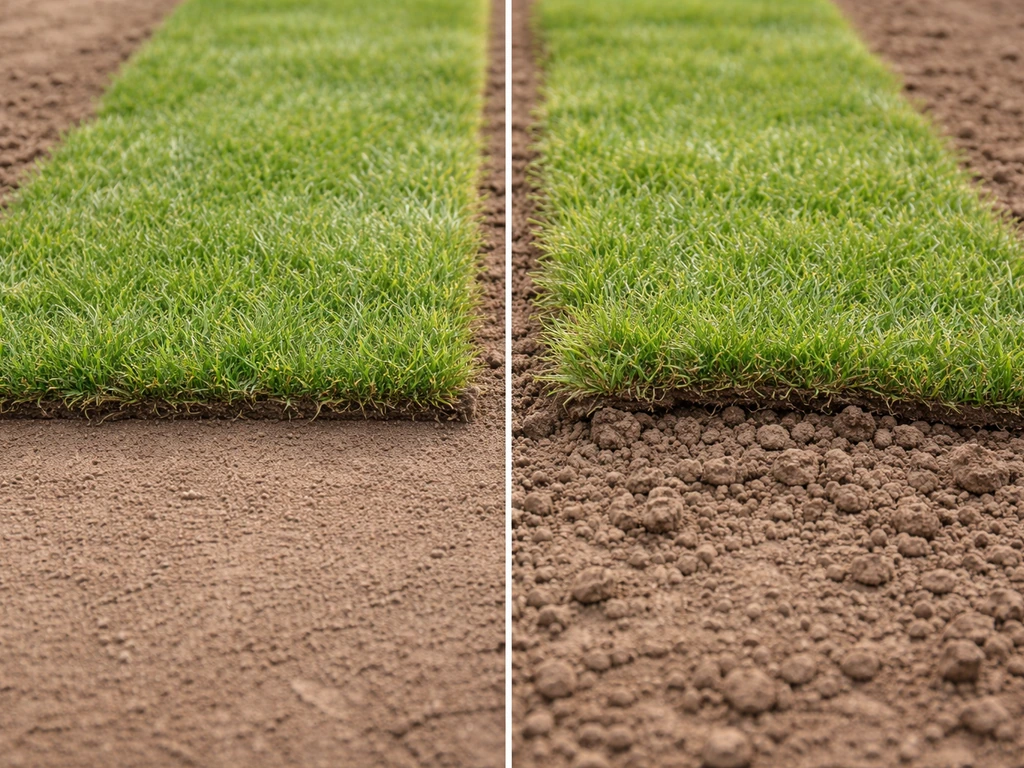 Close-up van twee ondergronden onder graszoden: strak aangedrukt en los met duidelijke stabiliteitsverschillen.