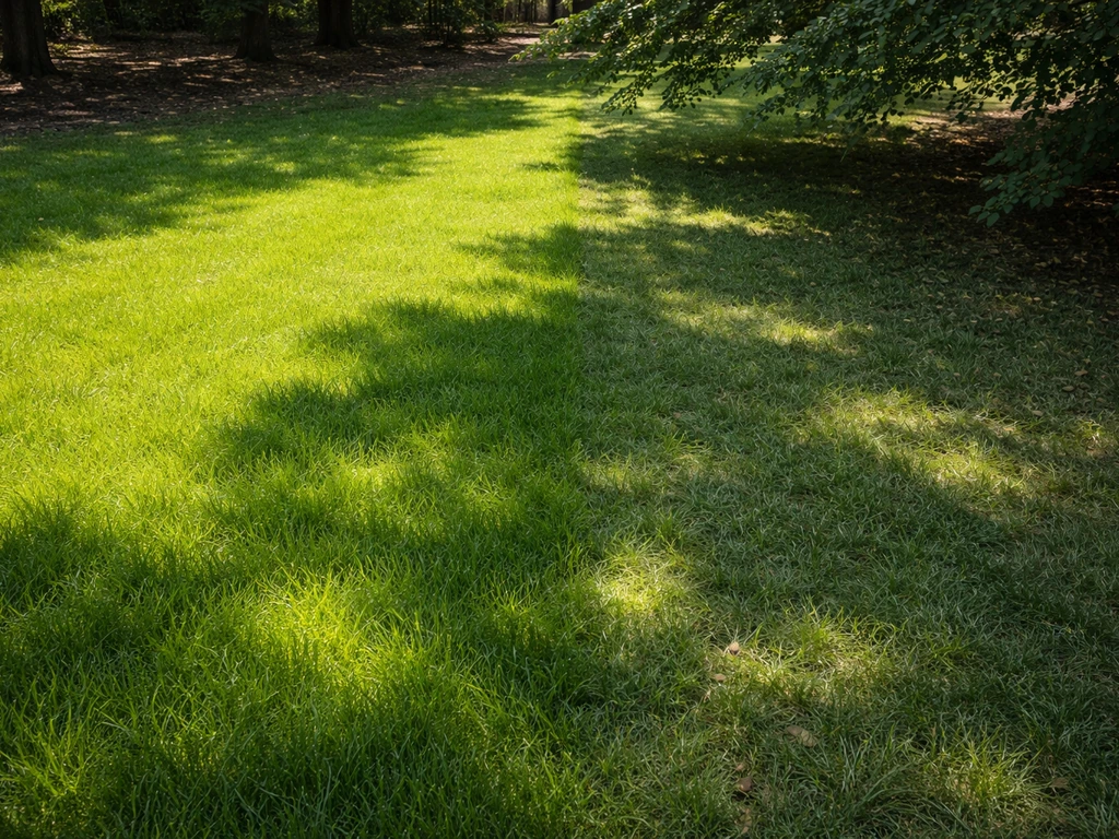 Graszoden: deel in volle zon en deel in schaduw onder bomen, met subtiel verschil in frisheid.