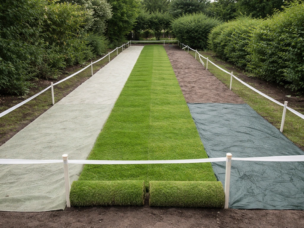 Nieuwe graszoden met afgebakende zones voor rustig lopen, normaal gebruik en volle belasting.