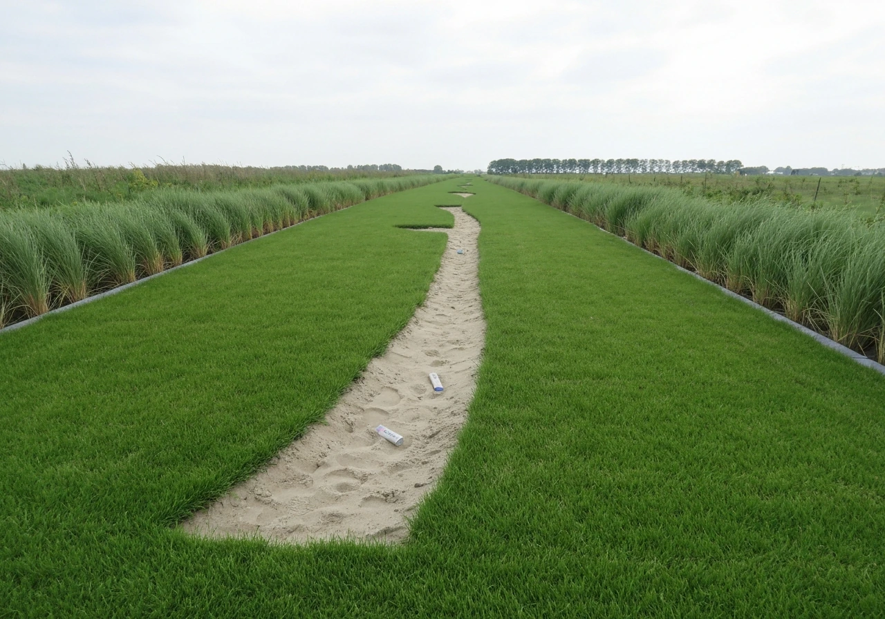 Strak aangelegd terras met terrastegels naast gras, met schone randen en zicht op opbouw.