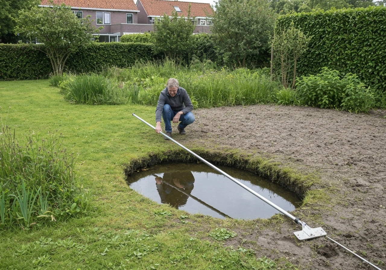 Anonieme tuinier steekt een meetstok in de grond en controleert een vochtige plek voor waterafvoer.