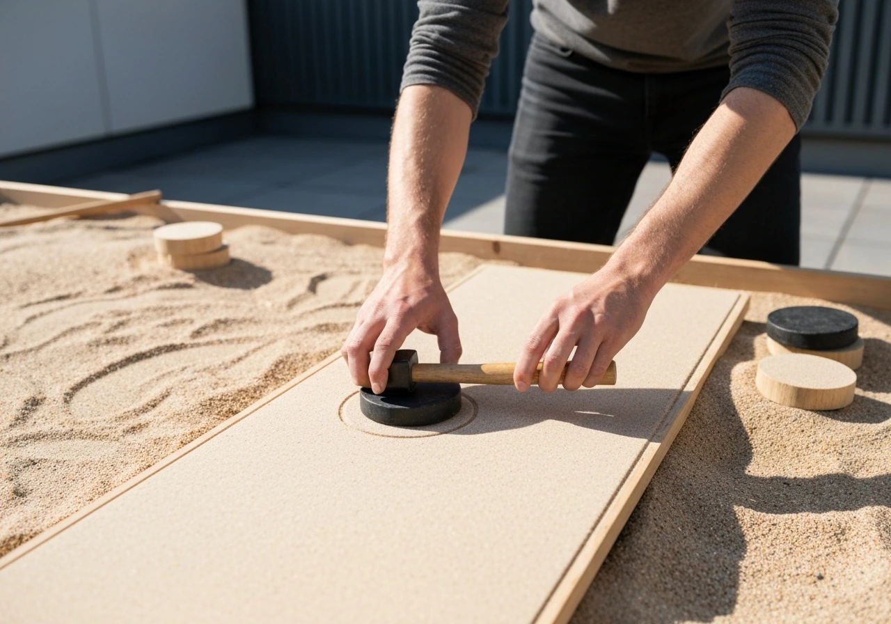 Vakman die tegels met rubberen hamer in een zand/grindbed legt op een terras, bij afschot