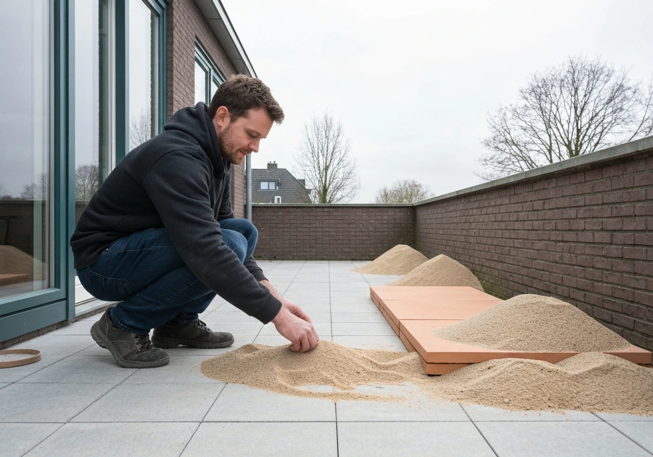 Anonieme klusser giet voegzand in voegen tussen buitentegels op een terras.