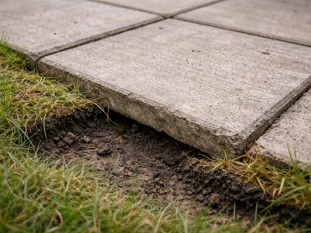 Close-up van beton/bestratingsstenen op een graszode die is verzakt en rot, met een scheve, holle voeg