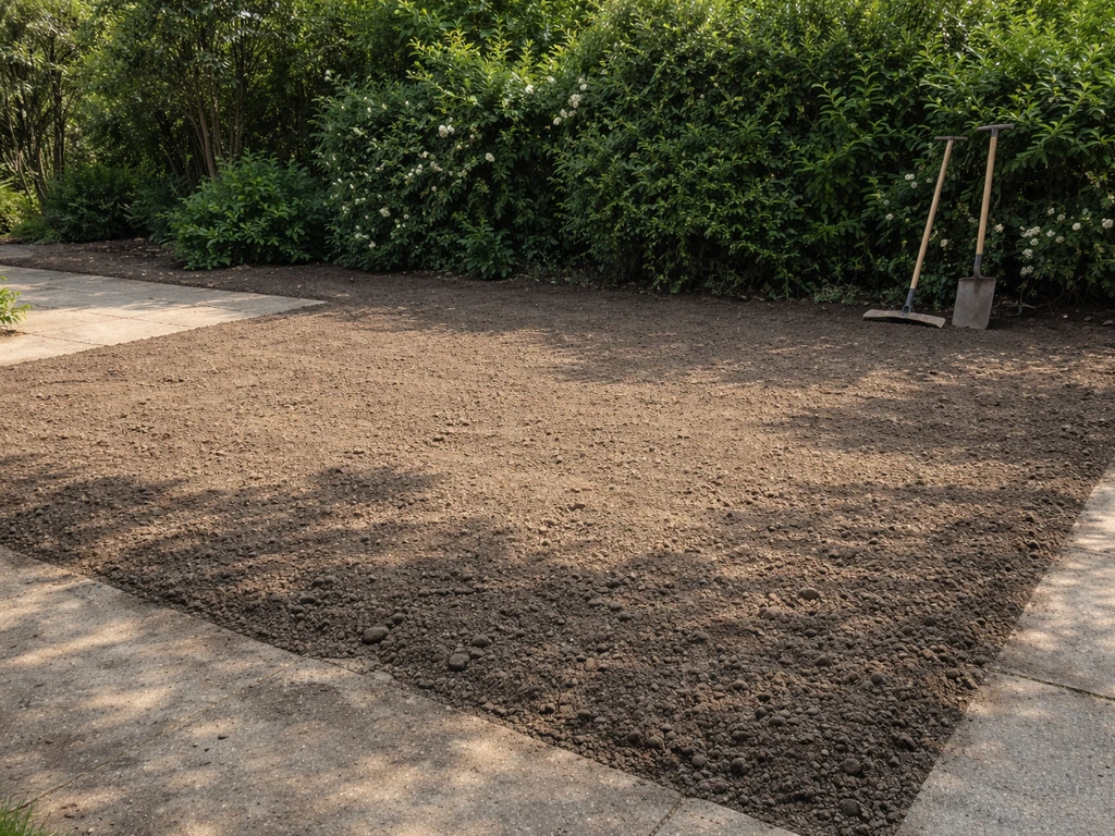 Vlak afgewerkt tuinperk met bewerkte grond, klaar om gras te zaaien of graszoden te leggen.