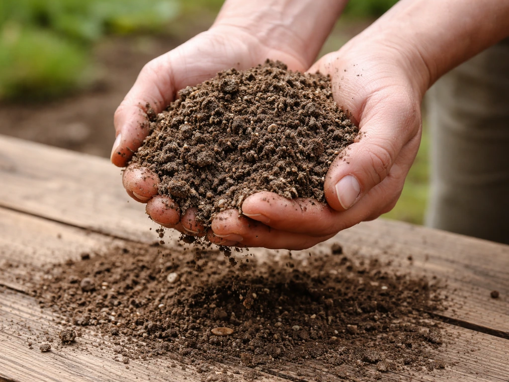 Hand met tuingrond die zand- of klei-achtige textuur toont boven een werkblad in een eenvoudige tuinomgeving