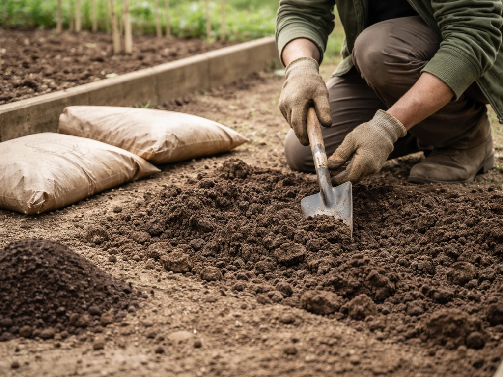 Tuinier met schop die losgemaakte grond en bodemkluiten blootlegt bij een eenvoudige tuinbed, klaar voor verbetering.