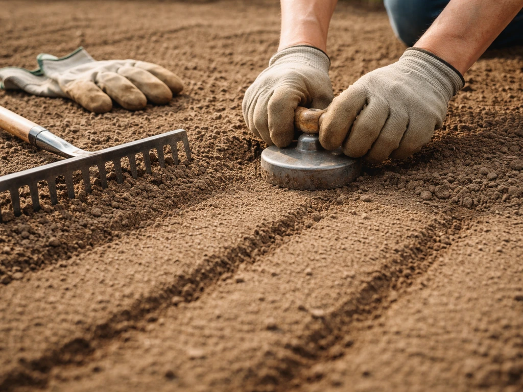 Handen die een geëgaliseerde grond toplaag aandrukken en harken vóór het inzaaien, korte ingezaaide stroken in beeld