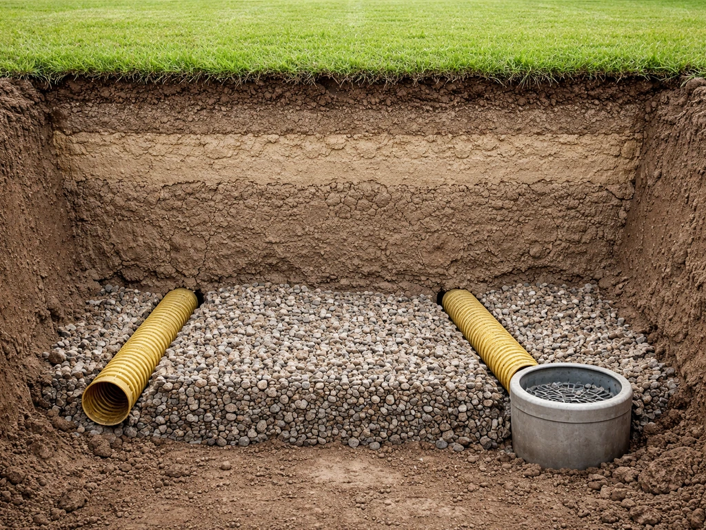 Doorsnede van een tennisveld met kleigrond, drainagesleuven, drainagebuizen en afvoer richting put.