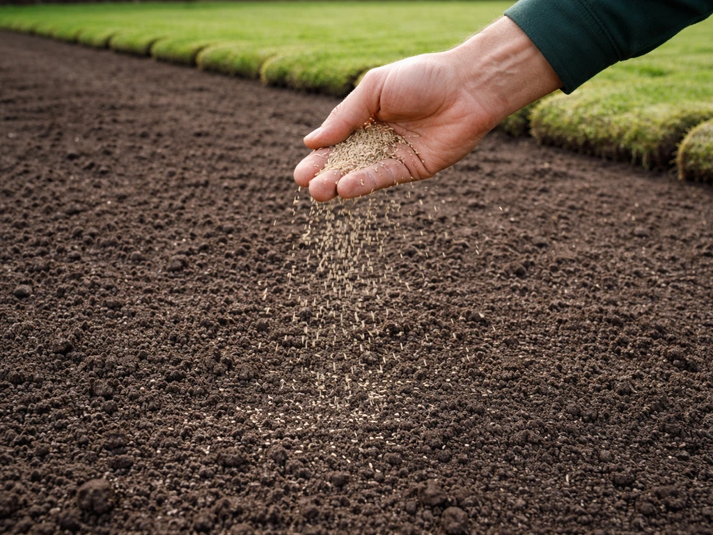 Hand strooit graszaad uit op geëgaliseerde tennisveldgrond naast vers gelegde sportgraszoden.
