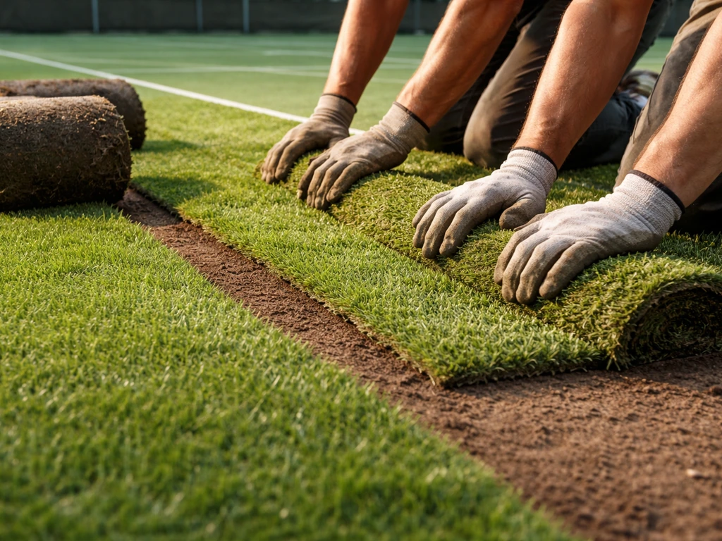 Sportgraszoden worden uitgerold en strak tegen elkaar gelegd op een tennisbaan voor snelle bespeelbaarheid.