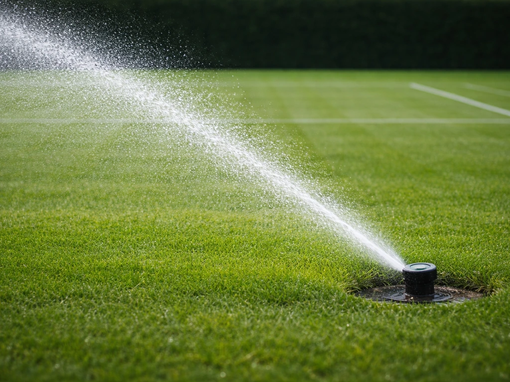 Sproeikop van een tennisveld die water spuit boven nat tennisgras, met zichtbare waterdruppels in de lucht.